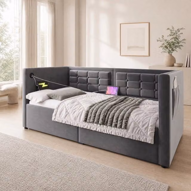 Letto divano 90x200 cm in velluto grigio con contenitore idraulico, USB e Type-C