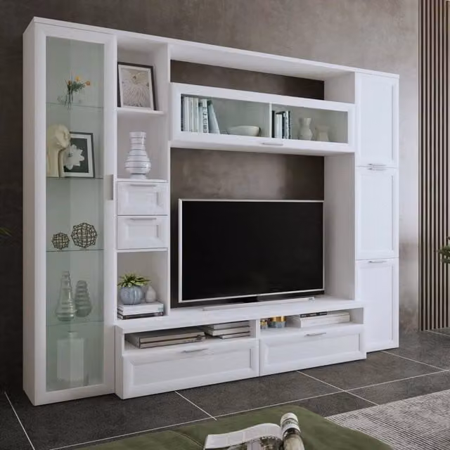 Parete Attrezzata Modulabile DMORA Carenno per Soggiorno con Vetrina e Ante in Vetro, Bianco Opaco