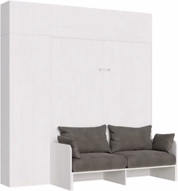 Letto matrimoniale a scomparsa Kentaro Itamoby con divano, armadio e comodino, bianco frassino e grigio, 160x190 cm