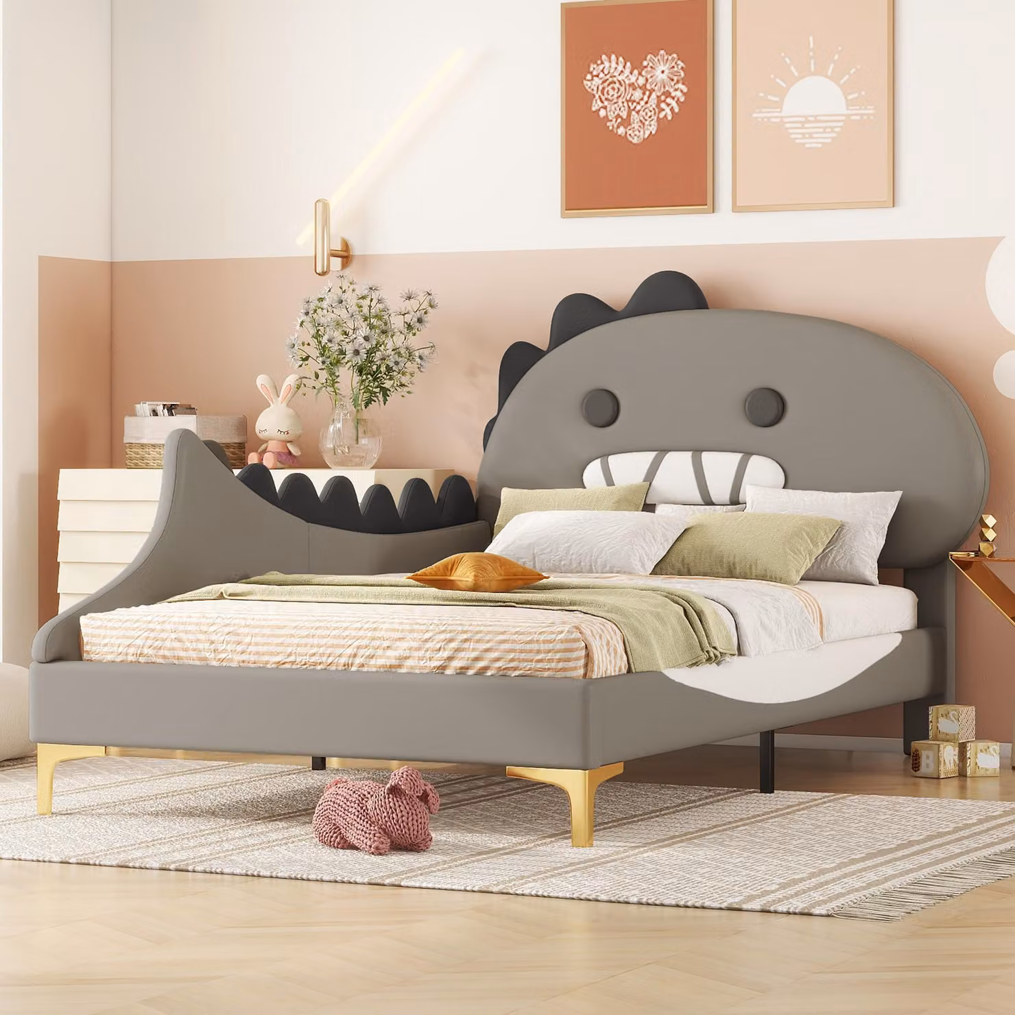 Letto imbottito per bambini Merax 90 x 200 cm, letto piatto a forma di dinosauro con rete a doghe, letto per ragazzi, letto per bambini, letto singolo, PU, grigio