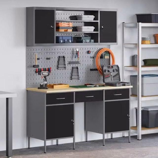 Set da lavoro vidaXL composto da 7 pezzi in acciaio e legno ingegnerizzato, colore nero