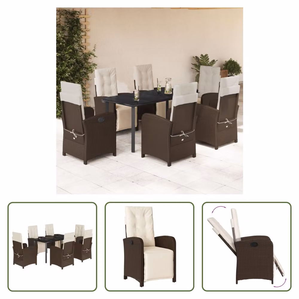 The Living Store Set da pranzo da giardino 7 pezzi con cuscini in polirattan marrone