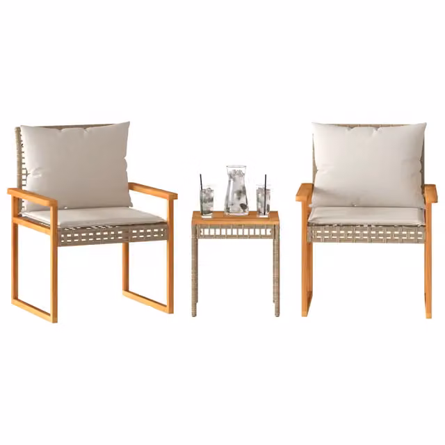 Set da Bistrò vidaXL 3 pz in Polyrattan e Legno di Acacia con Cuscini Beige per Giardino e Terrazzo