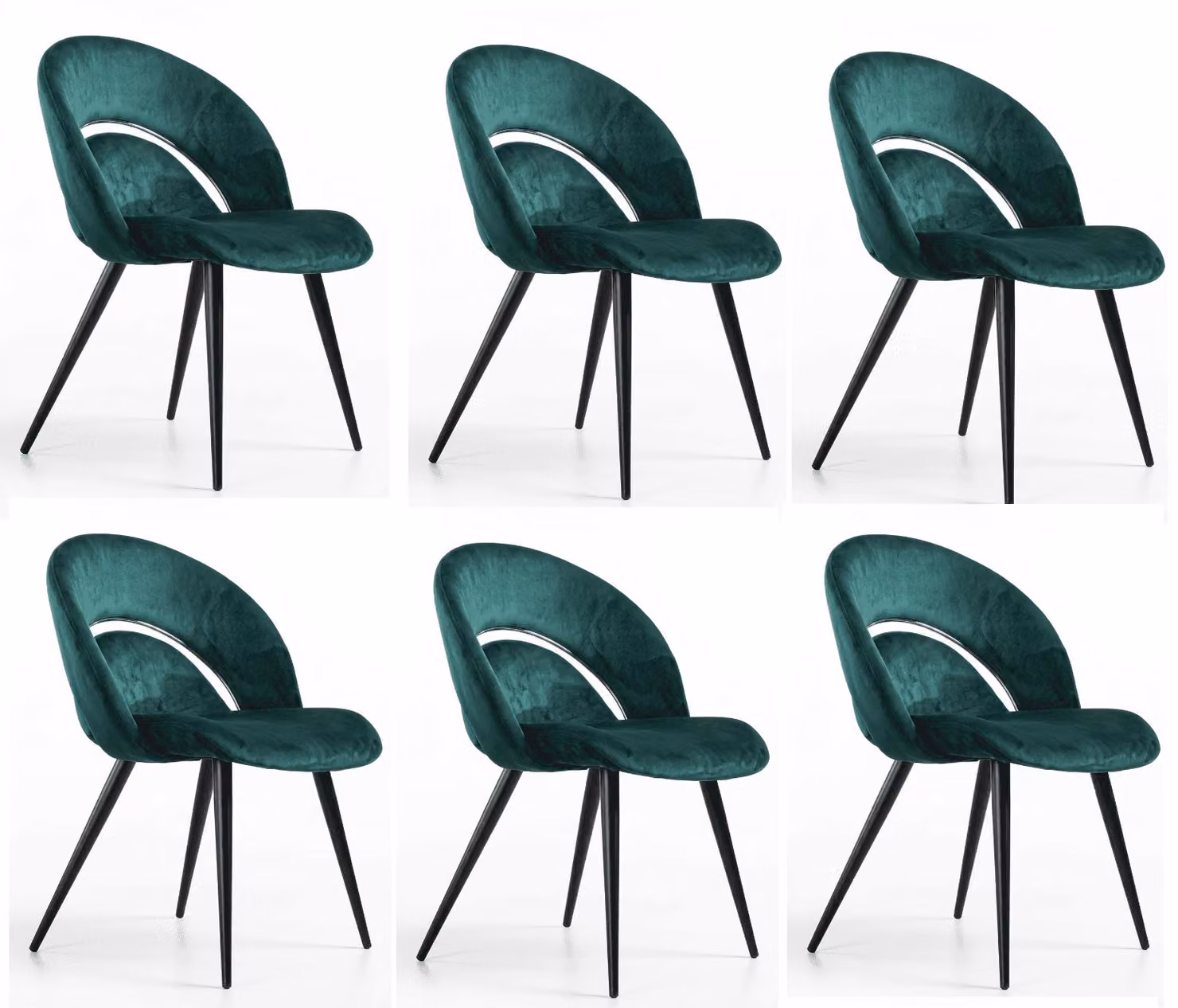 Set di 6 eleganti e sontuose sedie da pranzo, colore verde, rivestite in velluto setoso, con schienale a forma di arco ovale