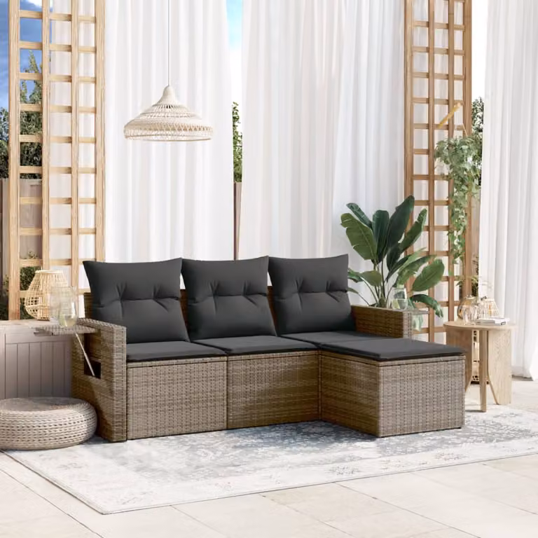 Set Divani da Giardino vidaXL 4 pz in Polyrattan Grigio con Cuscini e Tavolino