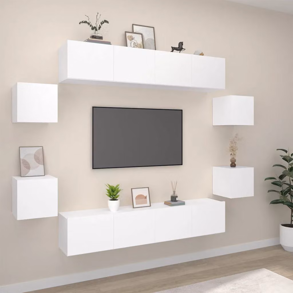 Set di 8 mobili porta TV vidaXL in legno MDF bianco per soggiorno, modello classico a parete – 1