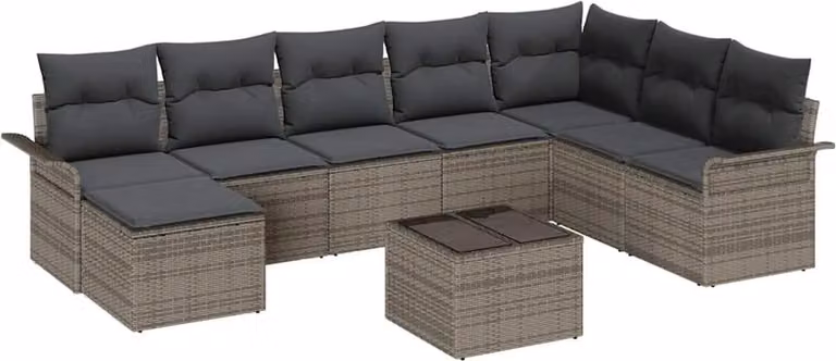 Set Divano da Giardino con cuscino 9 pcs Nero Poly Rattan