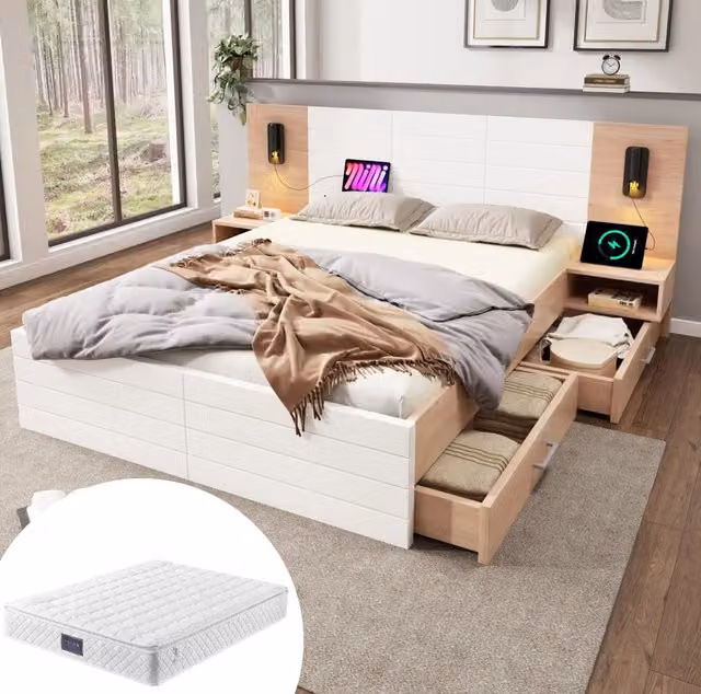 Letto matrimoniale ULEVR 140x200 cm con 2 cassetti, luce da lettura orientabile e USB, bianco e rovere chiaro