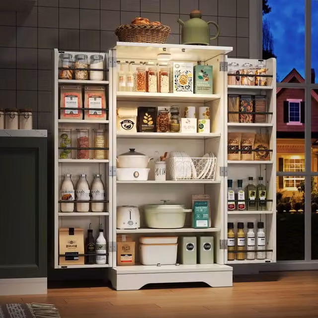 Mobile contenitore freestanding bianco con illuminazione LED integrata per cucina e soggiorno in MDF, L 120 cm x P 40 cm x H 60 cm