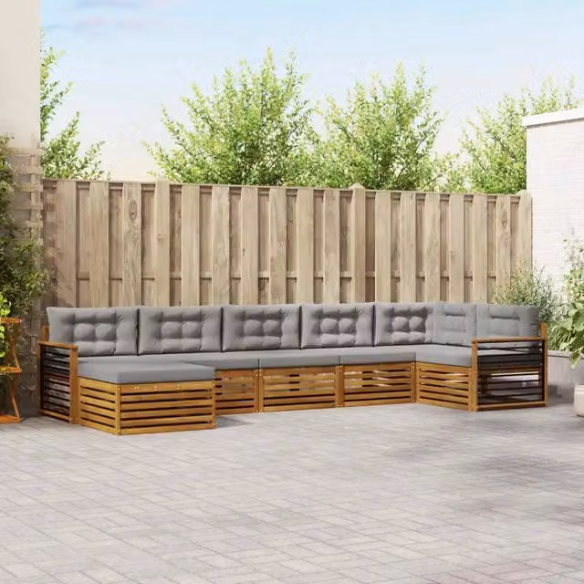 Set di divani da esterno a L vidaXL in legno di acacia con 7 pezzi e cuscini grigi – 1
