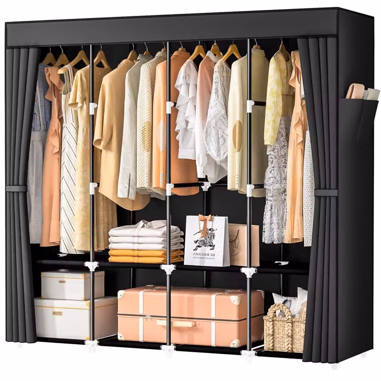 Armadio portatile in tessuto con 4 aste appendiabiti e 8 scomparti, stabile, pieghevole, con copertura, colore nero, dimensioni 168x43x162 cm