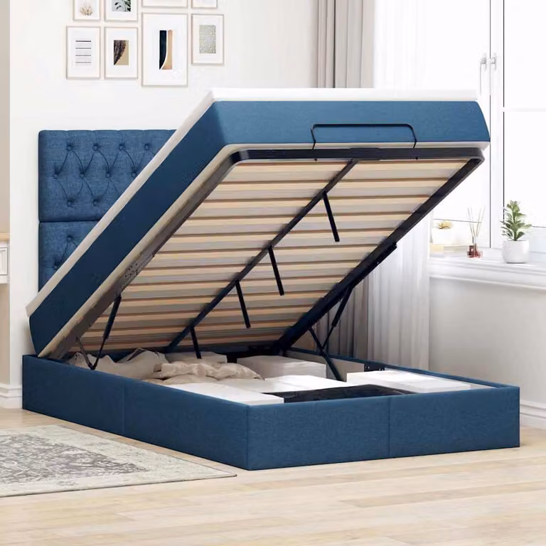 Letto con contenitore a sollevamento e materasso vidaXL, colore blu e bianco, con illuminazione sottostante e porta di ricarica USB, L/P/H: 120 x 200 x 128 cm