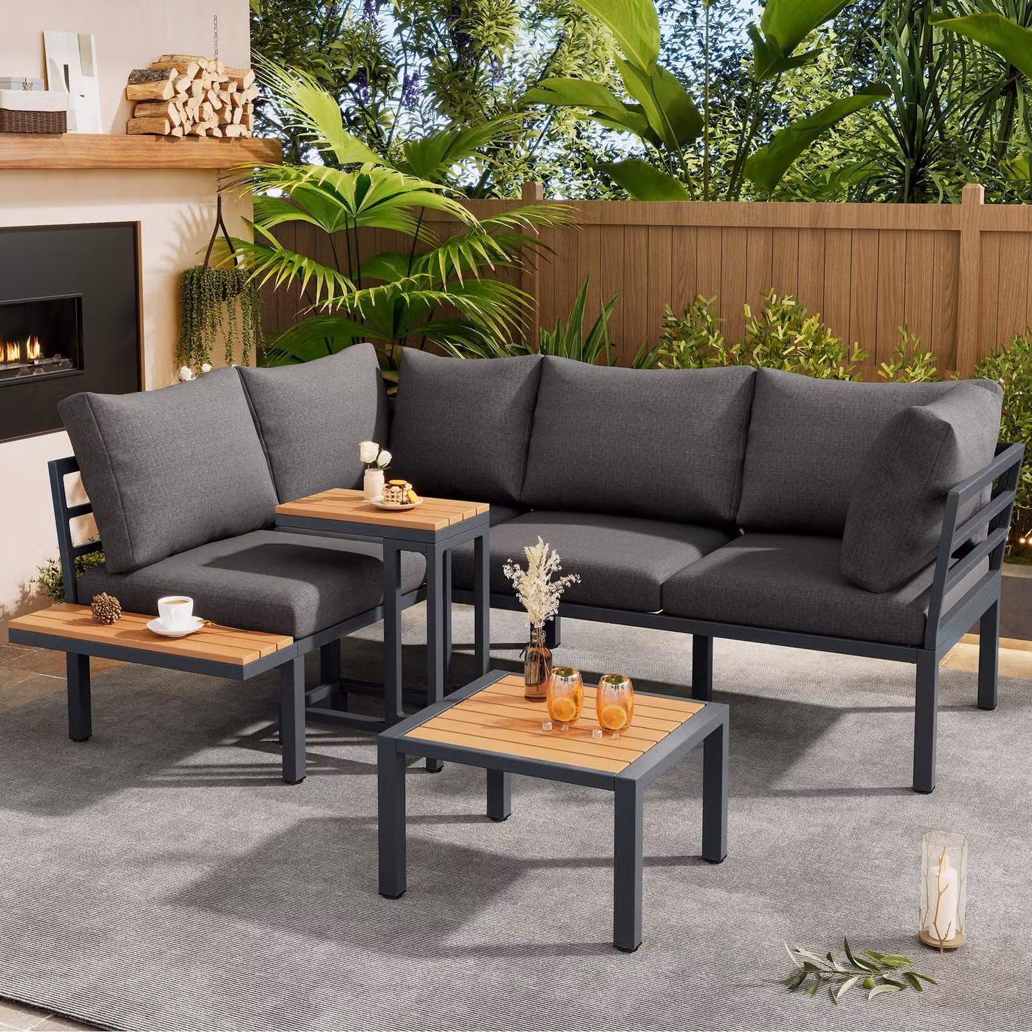 Set di mobili da giardino, divano + tavolino + tavolino da salotto (utilizzabile come poggiapiedi), tubi in acciaio zincato, piano del tavolo in legno sintetico
