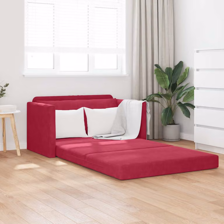 Divano letto moderno vidaXL in velluto rosso con funzione letto e coperture rimovibili L: 124 cm, P: 71 cm, H: 78 cm