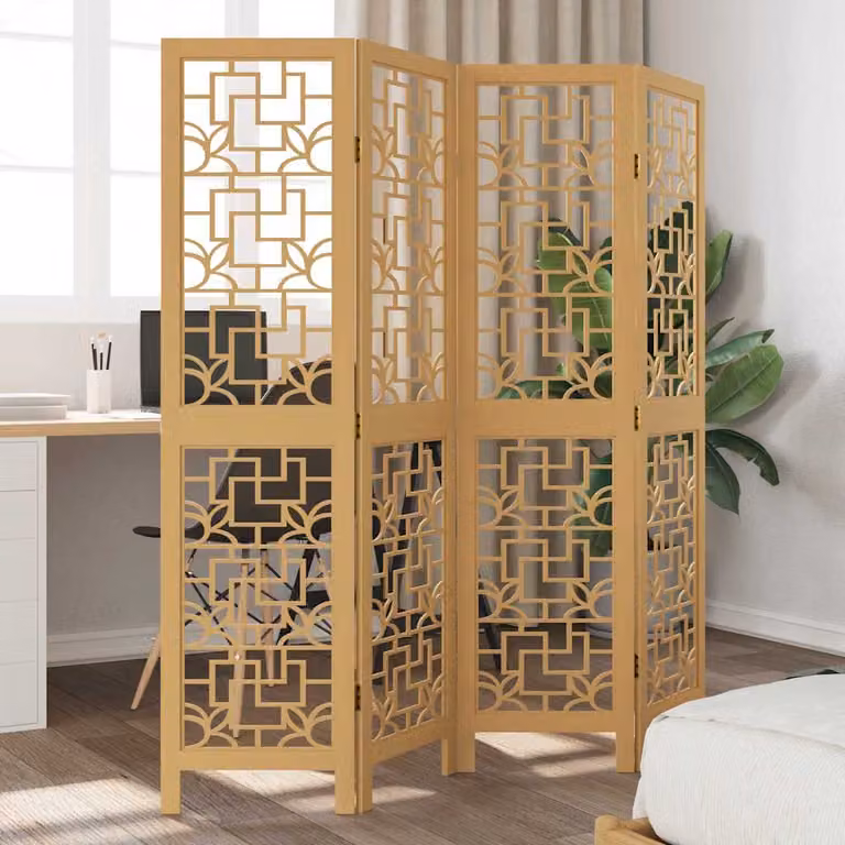 Divisorio Ambienti vidaXL con 4 Pannelli in Legno Massello di Paulownia Marrone con Design Geometrico Orientale H: 160 cm, L: 145 cm