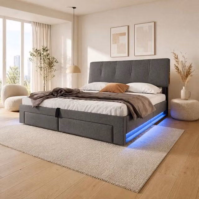 Letto matrimoniale contenitore 140x200 cm con LED, USB e USB-C in lino grigio HAVRYA
