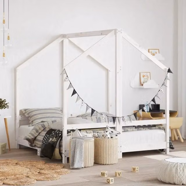 Giroletto per bambini vidaXL in legno massello di pino bianco laccato con struttura a casetta, 2 pezzi L/P: 70 x 140 cm