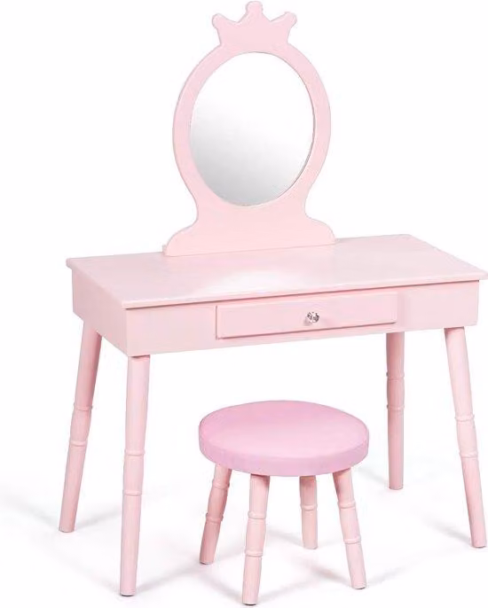 Truccabimbi con sedia a rotelle e specchio rimovibile, tavolino da toeletta per bambine con cassetto, 70 x 34 x 100 cm, rosa