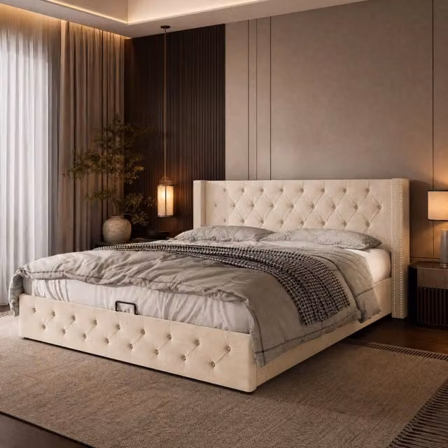 Letto matrimoniale imbottito stile Chesterfield 140x200 cm in velluto beige con contenitore