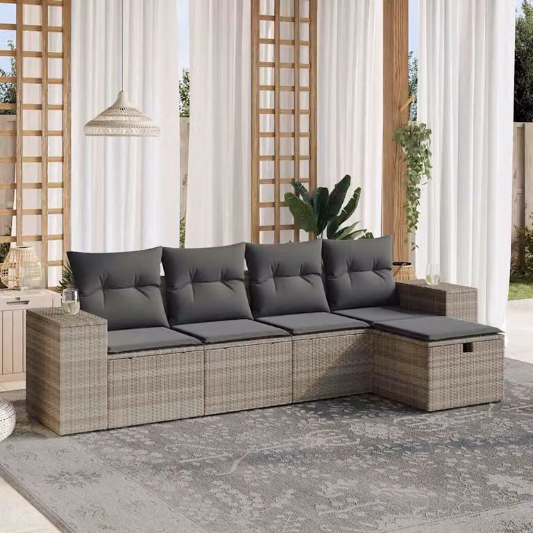 Set Divano da Giardino a L vidaXL con Cuscini Grigio con Poltrona e Ottoman in Polyrattan e Acciaio