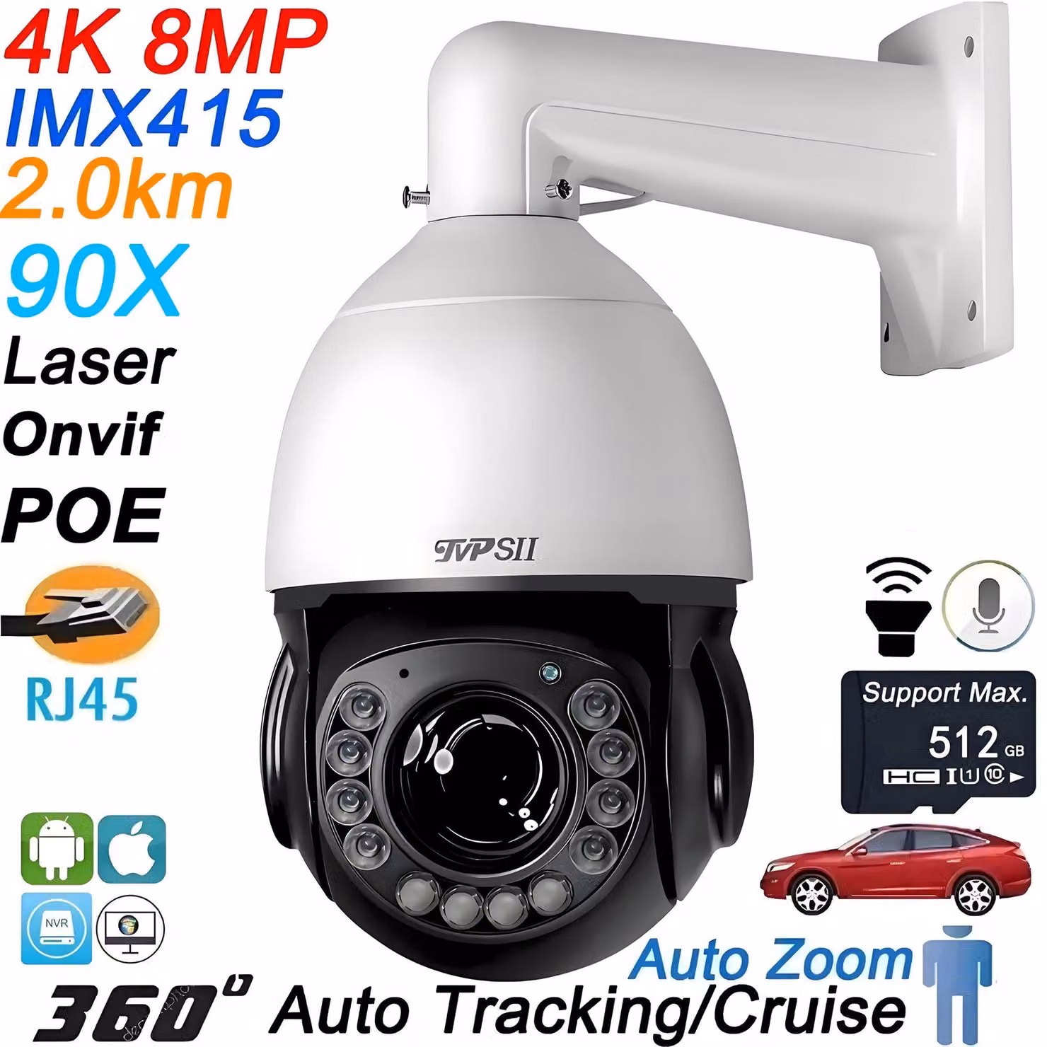 Telecamera di sicurezza – 4K, 8MP, dome PTZ – zoom ottico 90x – visione notturna a infrarossi – PoE
