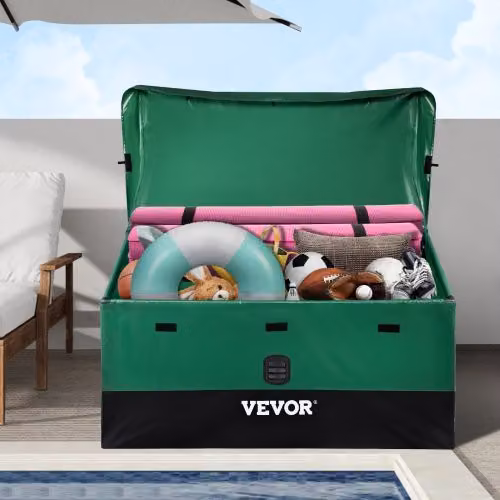 Baule da giardino VEVOR verde in PE impermeabile con coperchio inclinato e manici laterali, contenitore porta attrezzi da esterno con capienza 440L