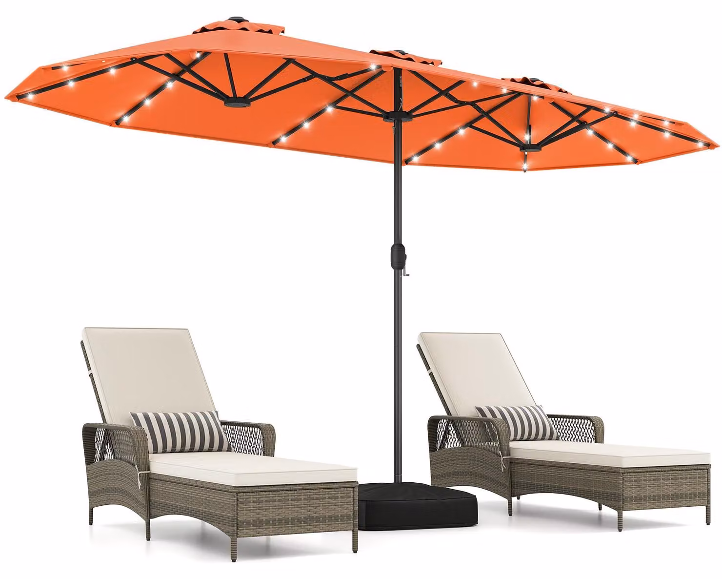 Ombrellone doppio COSTWAY 400x200 cm con base, luci a LED e manovella, ombrellone con protezione UPF 50+, ombrellone da giardino, ombrellone da terrazza, ombrellone da mercato, colore arancione