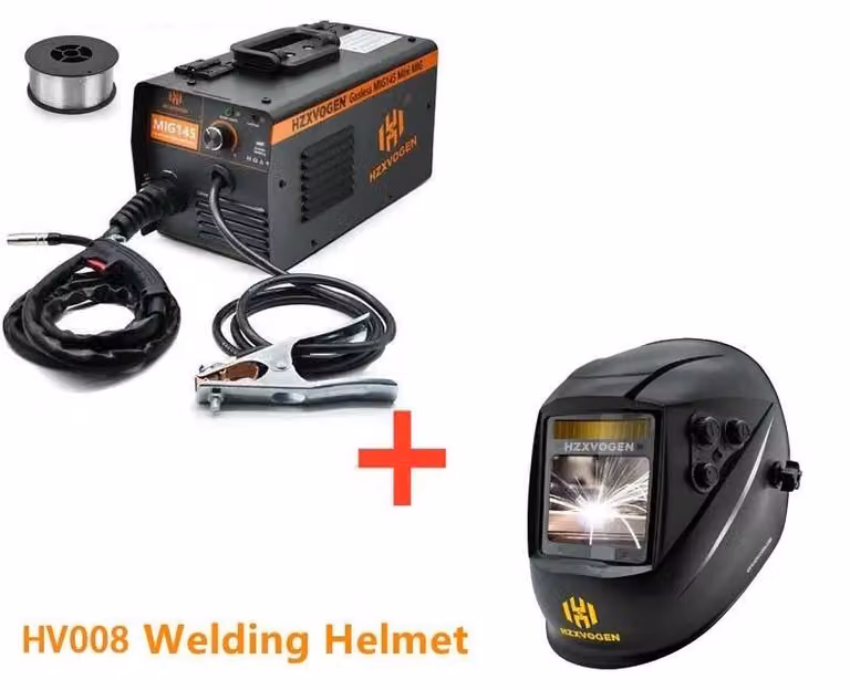 Saldatrice MIG - MIG145 - Senza gas per filo animato, avanzamento filo 3–18 m/min, spina UE, 145 A, portatile, con HV008 - Tri-Color
