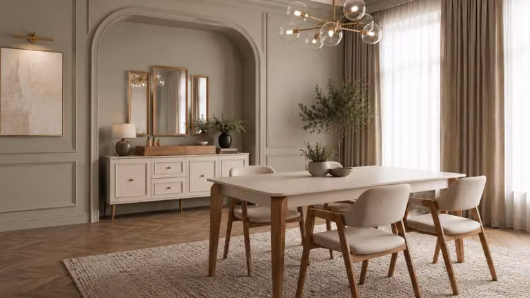 Tavolo da pranzo in stile moderno, color beige, elegante, allungabile, rappresentativo e raffinato