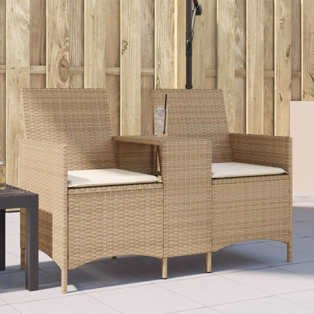 Set da giardino vidaXL con divano a 2 posti, tavolo e cuscini beige e bianchi in rattan e metallo