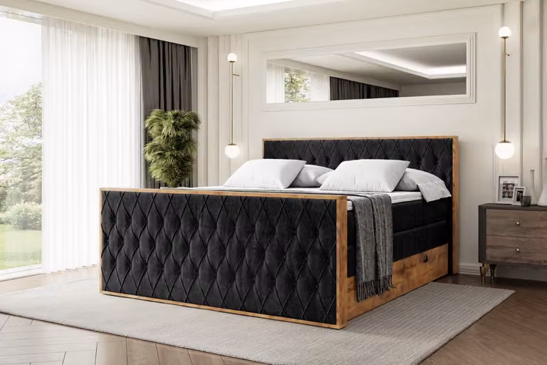 Letto boxspring ALTDECOR con materasso e rete a doghe, topper, pediera, letto imbottito con contenitore, letto con spazio contenitivo, materassi H3 e H4, letto matrimoniale -LOLLI5-Z KING-120x200 - Nero Casablanca