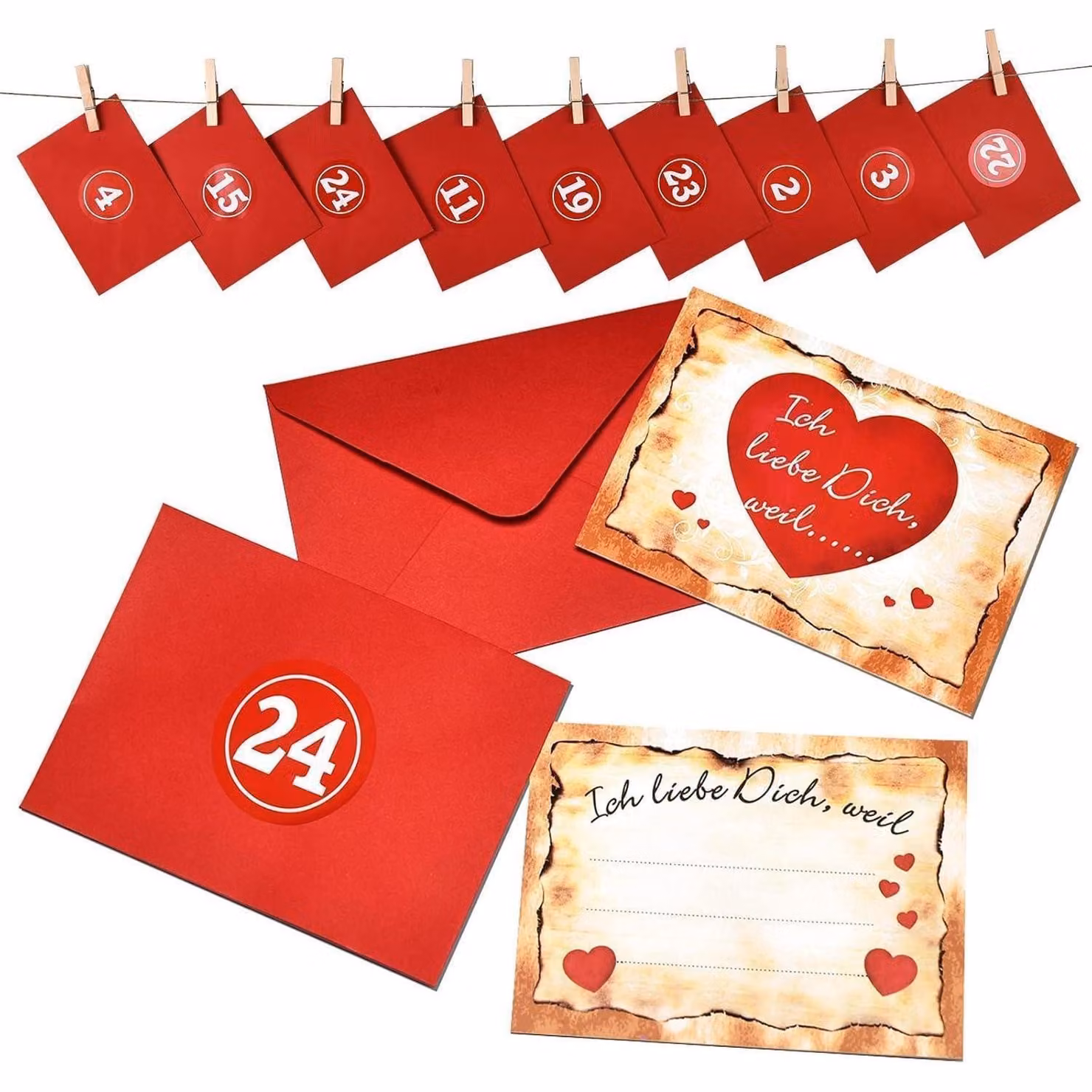 Calendario dell'Avvento con 24 bigliettini "Ti amo perché..." in un set che include buste rosse, adesivi con i numeri, spago di juta e mollette di legno