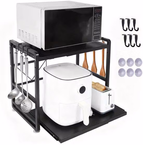 Ibenzoa® Scaffale da cucina regolabile ed espandibile, a 2 livelli, con cassetto, ganci e ventose, nero, Acciaio al carbonio – ideale per microonde e elettrodomestici da cucina