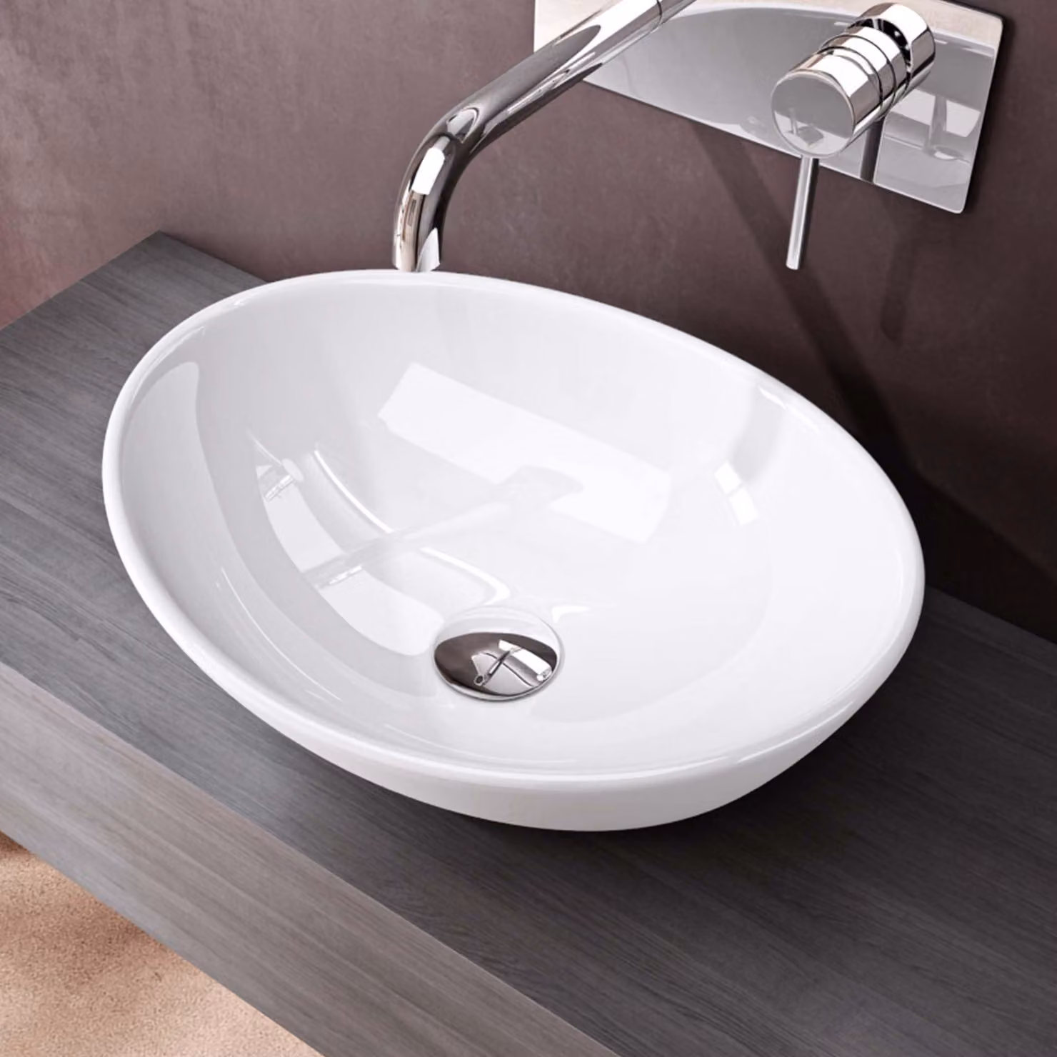 doporro Lavabo da Appoggio Ovale in Vetroceramica Bianco Lucido 42 cm Lavandino Bagno Moderno con Rivestimento Nano per Bagno e WC Ospiti - Brš¹ssel205