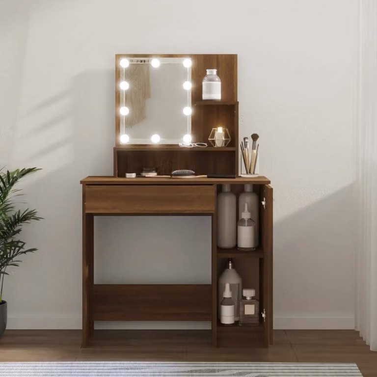 The Living Store Comodino con LED look rovere marrone 86,5x35x136 cm