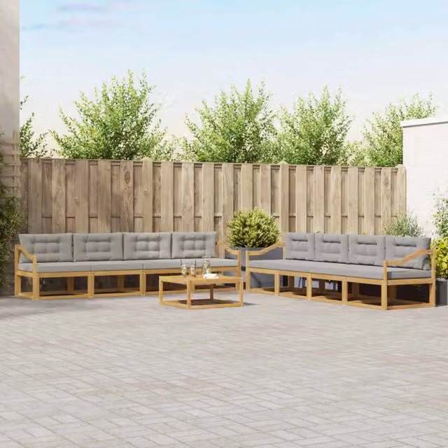 Set di mobili da giardino vidaXL composto da 9 pezzi con divani, poltrone e tavolino da caffè in legno di acacia e tessuto bianco e grigio