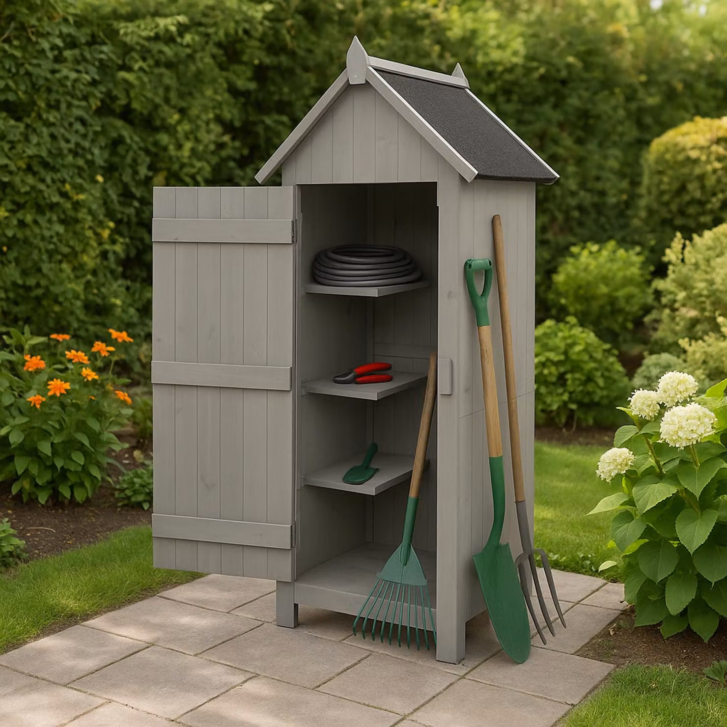 Armadietto per attrezzi da giardino in legno, colore grigio