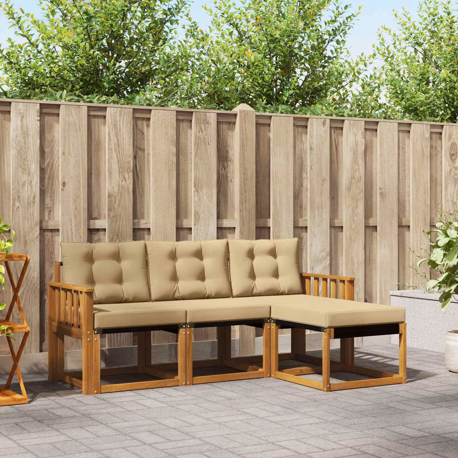 Set di divani da esterno vidaXL a forma di L in legno di acacia con cuscini e pouf, colore marrone e beige