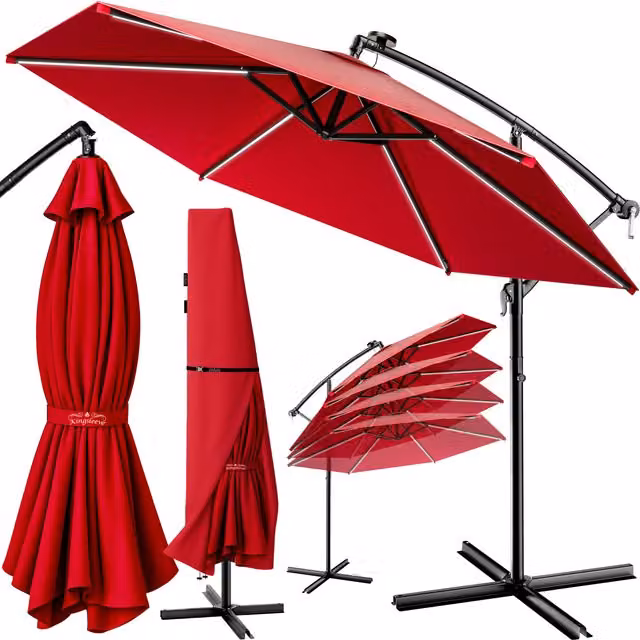 Ombrellone decentrato Kingsleeve® Mali con LED rosso in poliestere e struttura in alluminio, Ø 350 cm, protezione UV30+