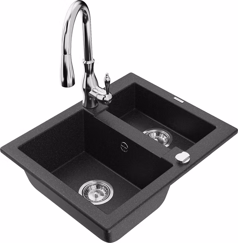 Mexen Carlos lavello in granito 1,5 vasche con miscelatore da cucina Savita, nero/argento metallizzato - 6518-73-672601-00