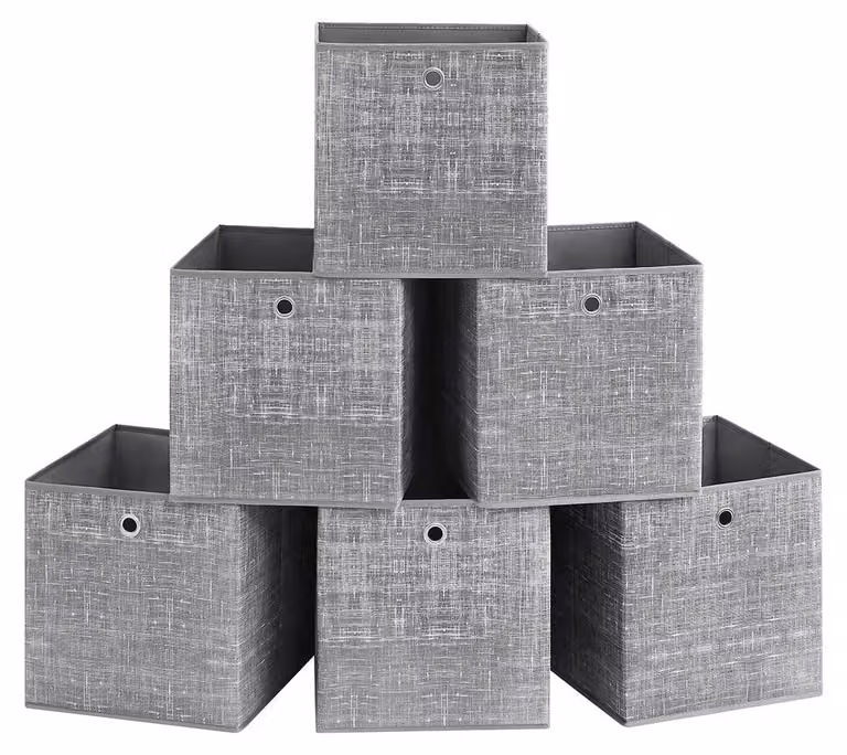Set di 6 scatole per l'organizzazione, colore grigio marmorizzato, realizzate in cartone resistente e tessuto non tessuto, dimensioni 33 x 33 x 33 cm