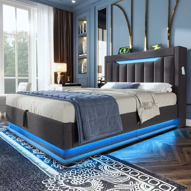 Letto imbottito 90x200 cm con LED; testiera con ricarica e contenitore idraulico lino grigio (Senza materasso)