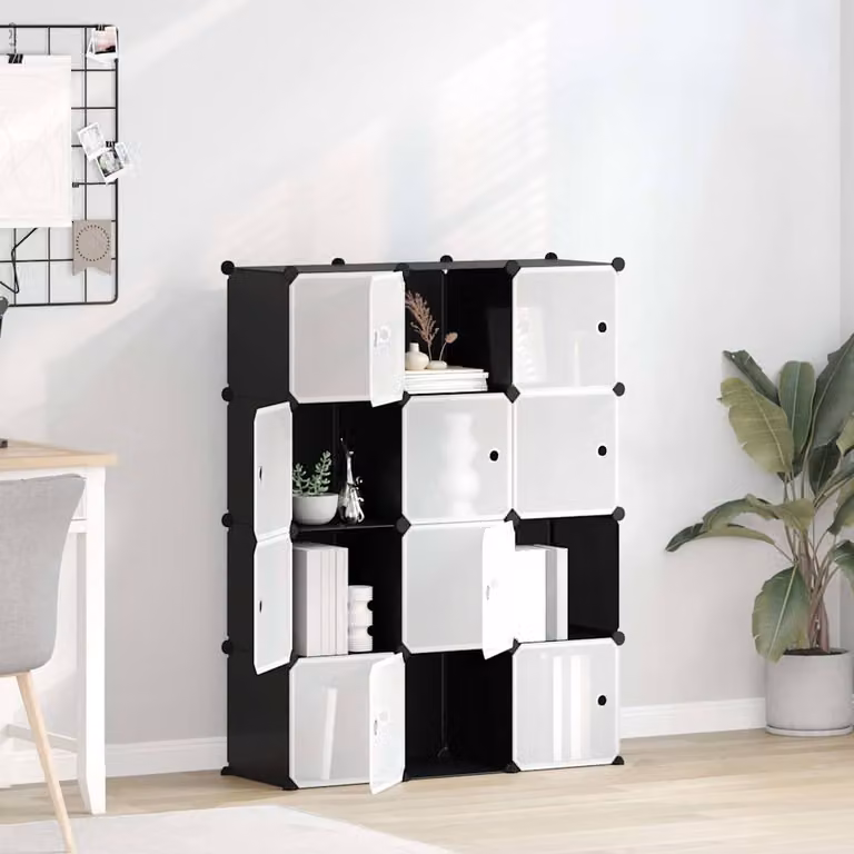 vidaXL Organizzatore Portaoggetti con 12 Cubi, Ante in Vetro e Struttura in Metallo e Plastica, Nero, L/P/H: 124,0 x 31,5 x 94,5 cm