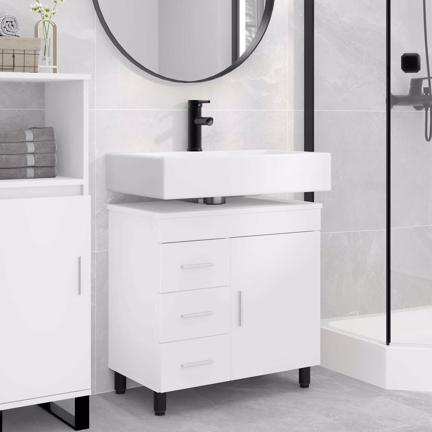 Mobiletto da bagno moderno vidaXL Bianco con ante a cerniera e cassetti in MDF L/P/H: 60 x 35 x 60 cm