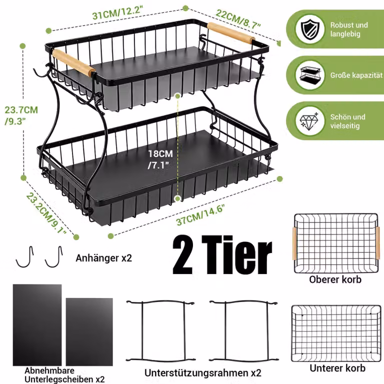 Cesto a 2 piani - Scaffale per piani di lavoro - Impilabile e smontabile - Metallo con design aperto - Con 2 ganci - 37 x 24 x 23 cm - Nero