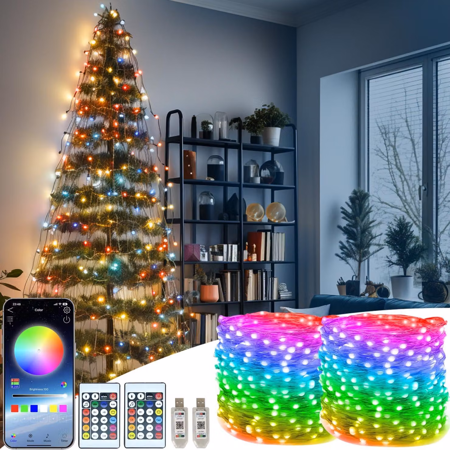 Catena luminosa a LED, confezione da 2, lunghezza 10 metri, 100 LED, cambio colore, telecomando, alimentazione USB