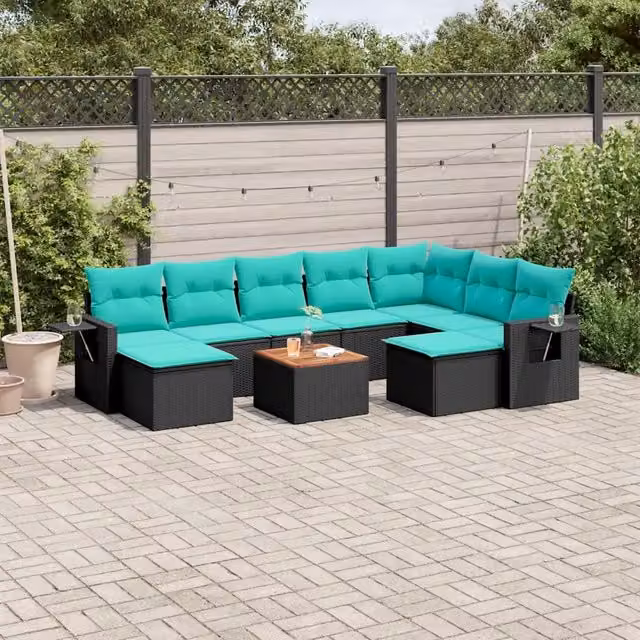 Set Divani da Giardino 10 pz con Cuscini Nero in Polyrattan 3224846