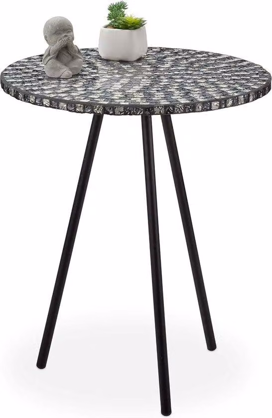 Tavolino rotondo realizzato a mano con gambe nere, per oggetti decorativi, 50 x 41 cm.