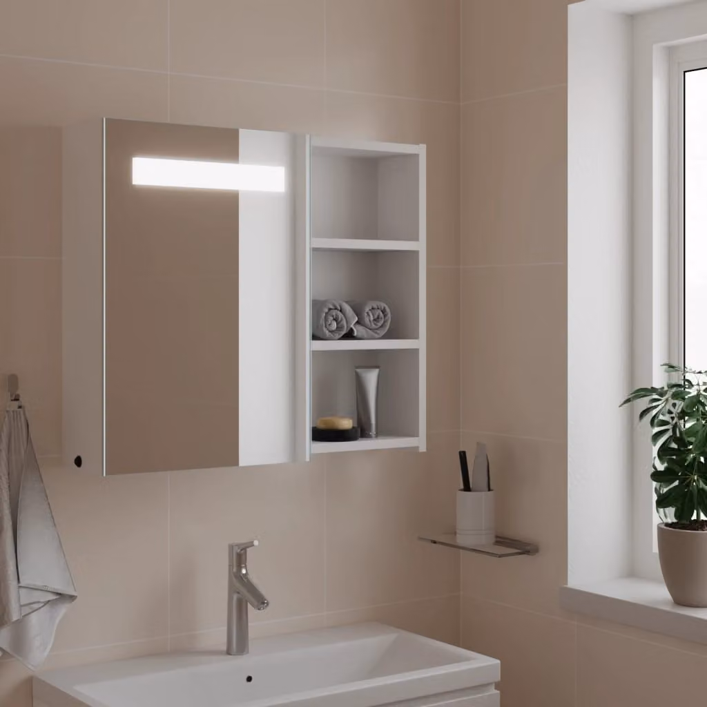 Armadietto da bagno con specchio e illuminazione LED vidaXL bianco moderno con ante in vetro e ripiani interni L/P/H: 60 x 13 x 52 cm
