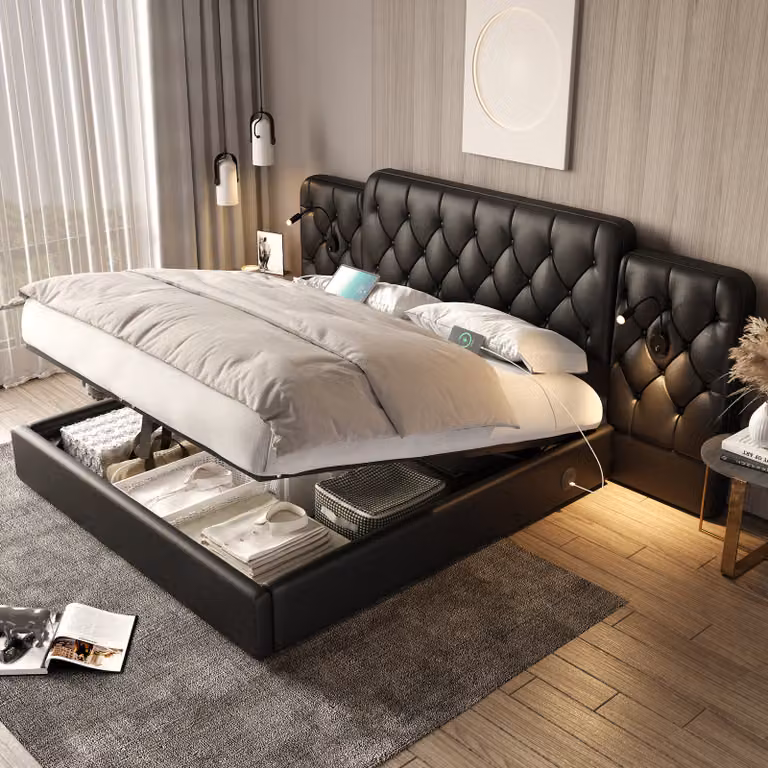 MODFU Letto imbottito Letto matrimoniale con contenitore, 160×200 cm, porte USB su entrambi i lati, dotato di lampade da lettura, sistema idraulico, nero, senza materasso